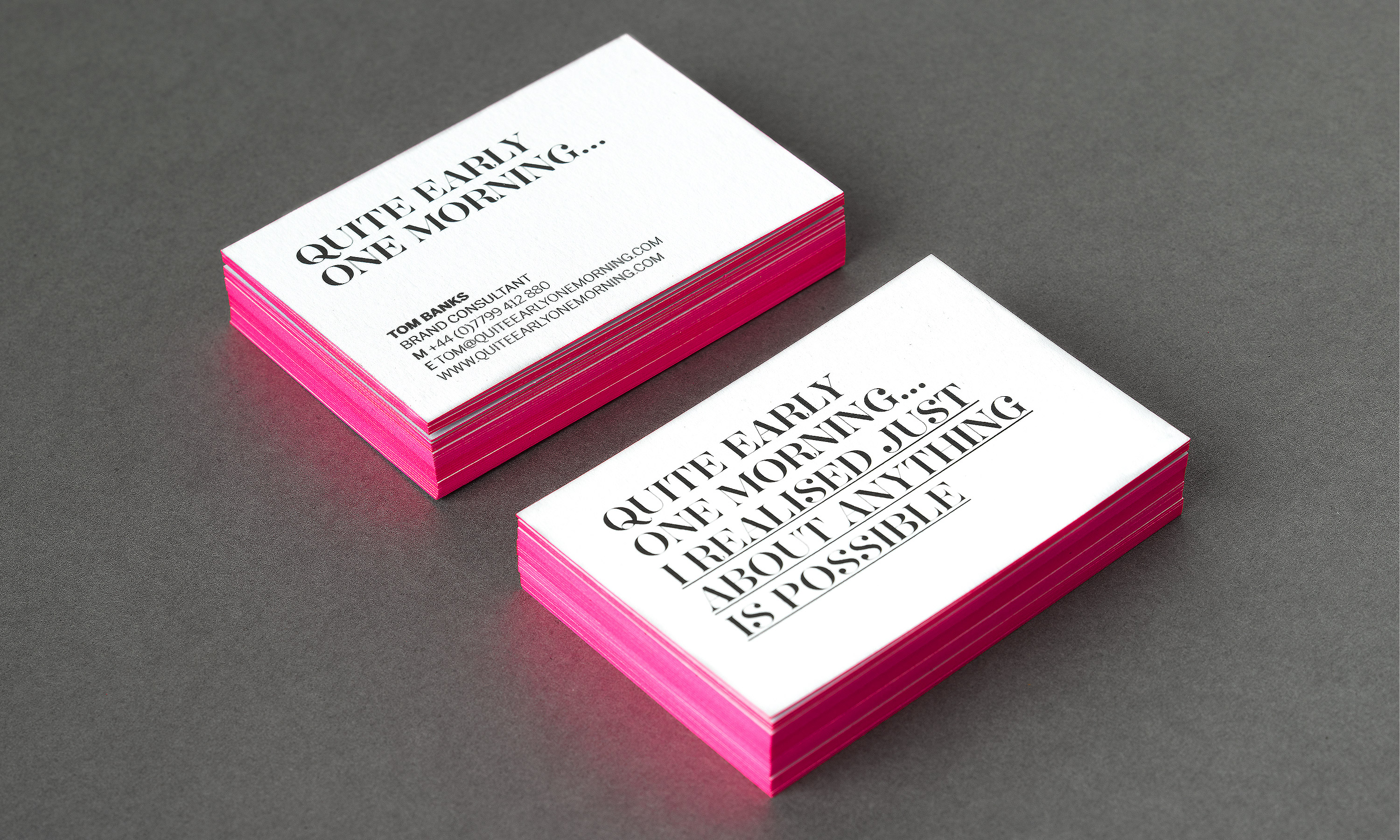 By Dana Robertson Creative Director and Founder of Neon. Quite Early One Morning set of business card detail of front and back of cards, with high finish pink edging – demonstrating the breath of the language idea of adding relevant and witty copy to the company name. Part of the naming and identity project for Quite Early One Morning – Idea, art direction and design by Neon Design & Branding Consultancy www.neon-creative.com