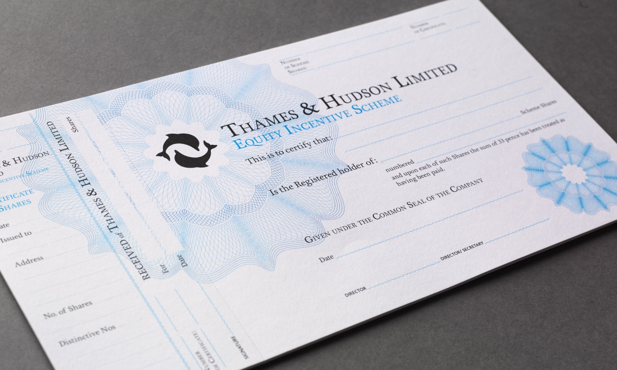 By Dana Robertson Creative Director and Founder of Neon. T&H Share Offering document. Thames & Hudson on-going relationship with Neon lead to the commissioning of a Thames & Hudson share certificate and supporting explanatory literature. The brief was to capture all the nessecary legal information including their brand mark and in true Thames & Hudson style also 'be a thing of beauty and proud to own'. The new double sided share certificate combined the T&H dolphins with a rosette style 'splash' rendered in a classic bank note engraving style. At 420mm long and 210mm deep and printed on a pure white luxurious 300gsm paper the new share certificate had a premium feel, making a keep sake in its own right beyond that of number of shares the certificate would come to represent. The share certificate was accompanied by a simple A5 explanation guide, printed on the same luxurious stock, which used the wave line style from the share certificate at the bottom of each page, along which the dolphins playfully leapt from left to right across the page as you progressed through the booklet. – Idea, art direction and design by Neon Design & Branding Consultancy www.neon-creative.com