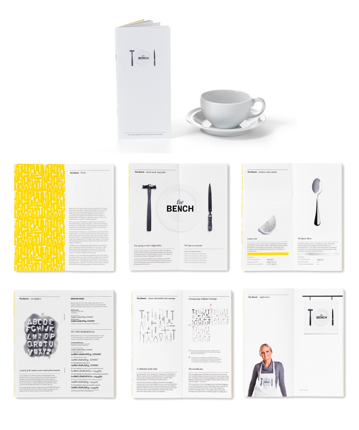 By Dana Robertson Creative Director and Founder of Neon. The Bench café brand identity, basic element guidelines. As part of Neon's wider involvement in this ground-breaking development, we were asked to name and create the brand identity for The Goldsmiths’ Centre’s new café. The aim was to provide a friendly and inspiring environment in which members of the silversmithing trade, patrons, partners and the visiting public could relax and rub shoulders, helping to forge a flourishing creative community. The name we came up with — The Bench — was a reference to both heritage (the silversmith’s classic workbench) and the informal ambience of the café itself. The Bench café brand identity also celebrated silversmithing heritage, replacing cutlery with classic silversmithing tools – selected from world renowned silversmith Grant MacDonald’s studio. The Bench café brand identity was rolled out on signage, uniforms, crockery, literature, and environmental graphics. – Idea, art direction and design by Neon Design & Branding Consultancy www.neon-creative.com