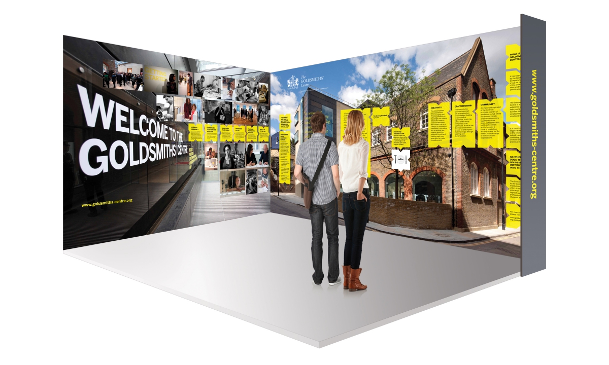 By Dana Robertson Creative Director and Founder of Neon. The Goldsmiths' Centre Creativity Craftsmanship Community 'New Designers' exhibition stand. The Goldsmiths' Centre, Creativity, Craftsmanship, Community. Three words encapsulate the values of The Goldsmiths’ Centre. Creativity encompasses Centre’s commitment to encouraging and inspiring creativity in the design and making of beautiful objects. Craftsmanship refers to the Centre’s important role as a repository of knowledge, building on centuries of experience. Community expresses an important aspiration of the Centre; to create a centre of excellence, a hub where like-minded people and businesses come together to share ideas, collaborate and build relationships, and to become a place of inspiration. These values are married with a brand identity which reflects the Centre’s heritage, with the use of a monochromatic coat of arms of The Goldsmiths’ Company. A strong yellow - the common heraldic substitution for gold – helps create a vibrant, contemporary look and feel, positioning the Centre as a new future-facing organisation, distinctly separate from the more traditional Goldsmiths’ Company. The yellow appears as a crafted information plate on all materials – helping to clearly state the purpose of each piece of comms with the main headline elegantly stencilled into the plate. The new identity was rolled out across all manner of media, including literature, signage and website. – Idea, art direction and design by Neon Design & Branding Consultancy www.neon-creative.com