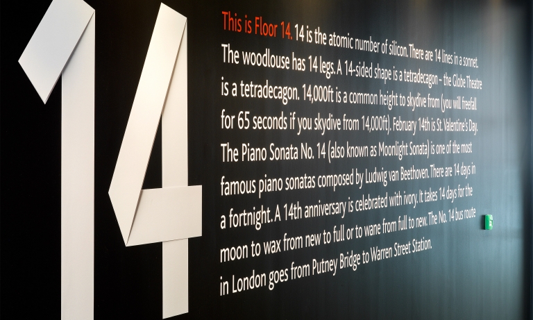 Branding by Neon - Nabarro Law Firm - Law sector branding - 125 London Wall Lift Lobby Floor 14 lift graphics designed by Dana Robertson