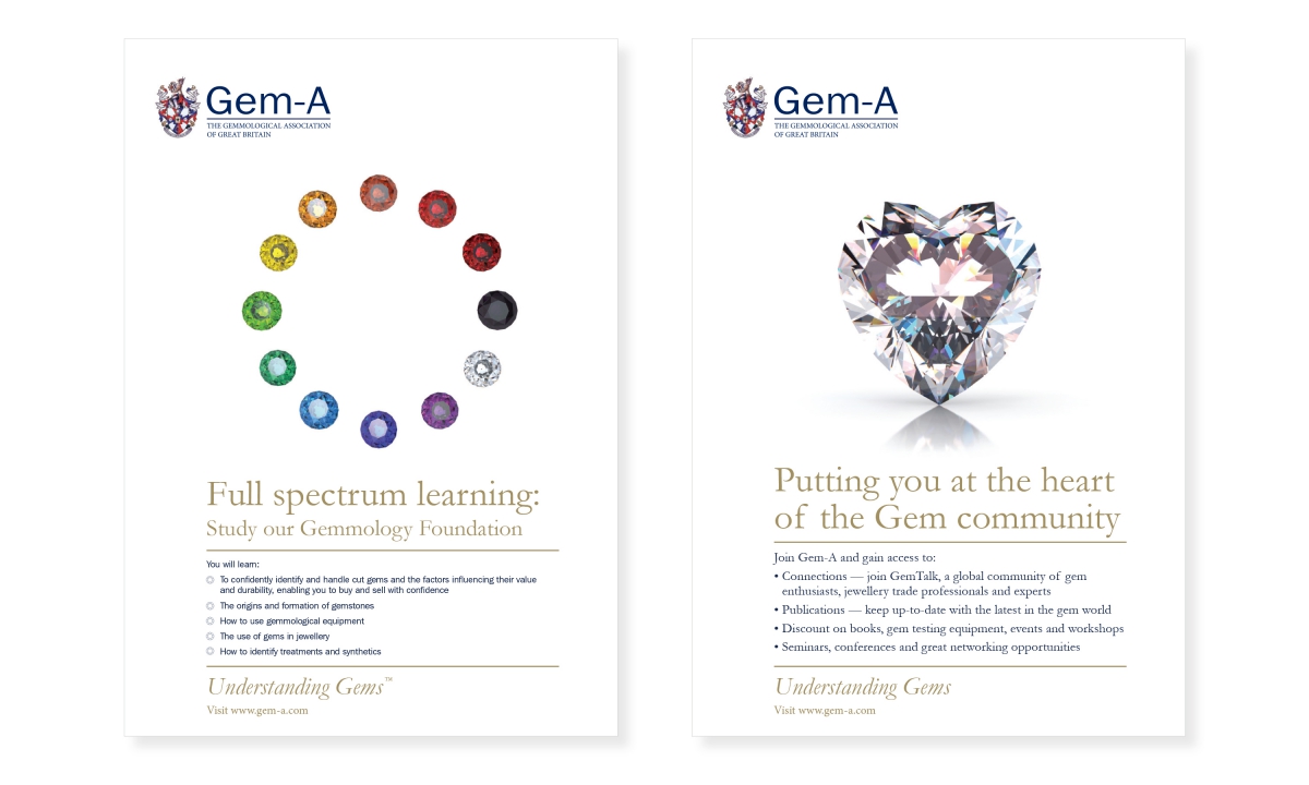 By Dana Robertson Creative Director and Founder of Neon. Adding a bit of sparkle. Like a lot of our projects, this came to us via an existing client relationship - when our old friends at The Goldsmiths' Company recommended Neon to their counterparts at The Gemmological Association of Great Britain (also known as Gem-A). When we met them, Gem-A's communications were short of coherence, and lacked the kind of authoritative feel that would reflect their standing as a trade body with an important industry leadership role to play. We were happy to supply both, across a range of advertising and literature, along with a much needed bit of creative sparkle - demonstrated, for example, by those nice little jeweller's loupes standing in for quotation marks. Idea, art direction and design by Neon Design & Branding Consultancy www.neon-creative.com