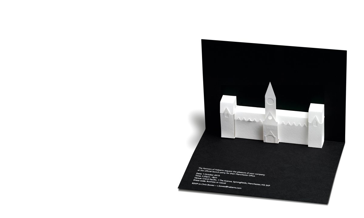 Branding by Neon - designed by Dana Robertson - Nabarro Law Firm - Law sector branding - New Offices in Manchester pop-up launch invite