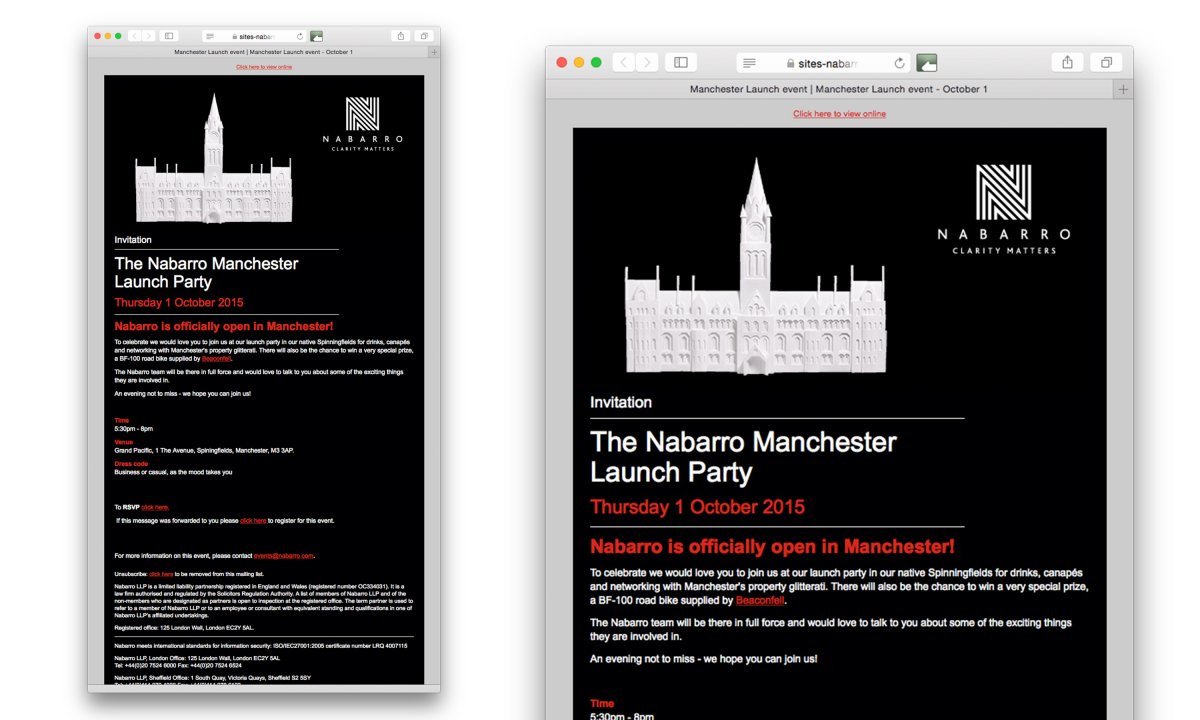 Branding by Neon - designed by Dana Robertson - Nabarro Law Firm - Law sector branding - An email invite for Nabarro for the opening of their Manchester office