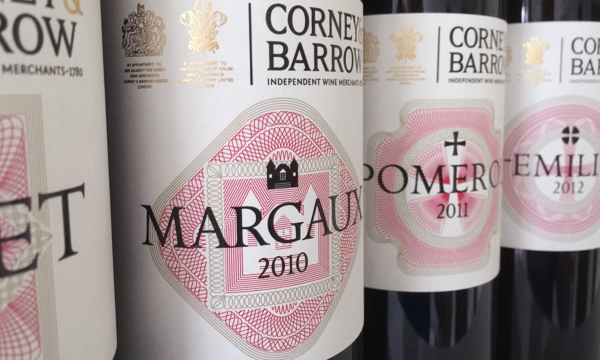 Branding and packaging by Neon - designed by Dana Robertson - for Corney & Barrow - Corney & Barrow House Range - detail of four red wine label designs