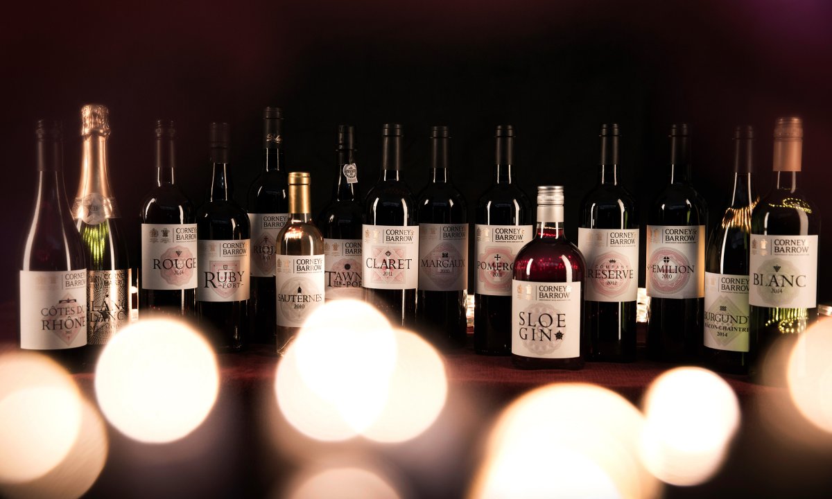 Branding and packaging by Neon - designed by Dana Robertson - for Corney & Barrow - Corney & Barrow House Range - full range of wines Christmas promotion shot