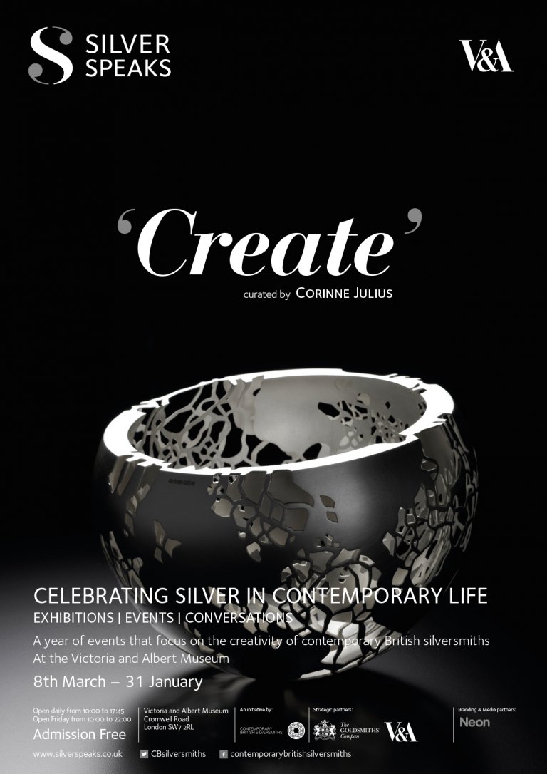 Silver Speaks Poster featuring the word 'Create' and a silver bowl by Neon Design & Branding Consultancy www.neon-creative.com