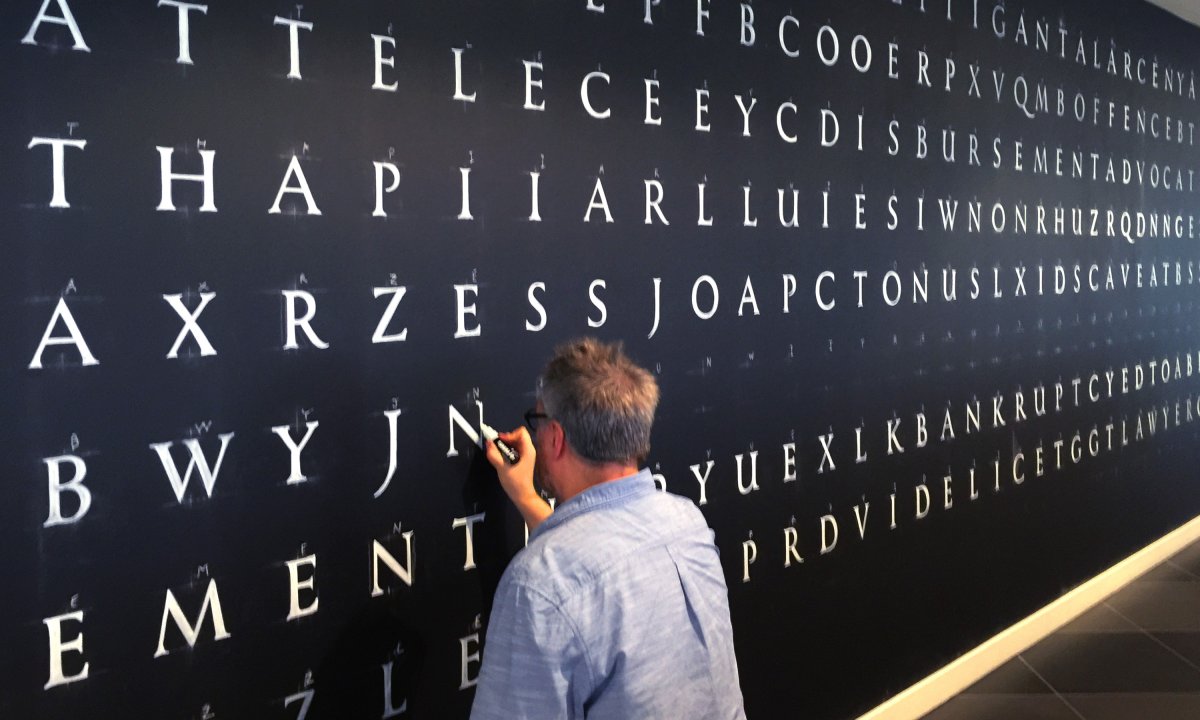 Branding by Neon - designed by Dana Robertson - Nabarro Law Firm - Law sector branding - 125 London Wall - Word Search Wall hand rendering