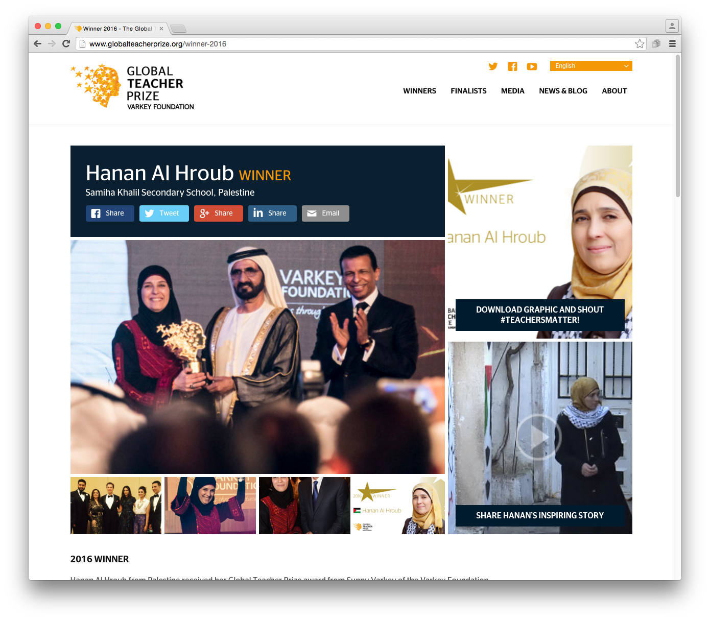 Global Teacher Prize Winner Hanan Al Hroub. Global Teacher prize branding by Brandcap & Neon