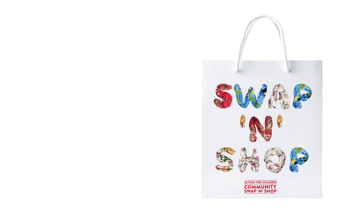 Brand campaign and advertising by Neon - Charity sector branding - Action for children - Swap and Shop - Swap and shop shopping bag designed by Dana Robertson