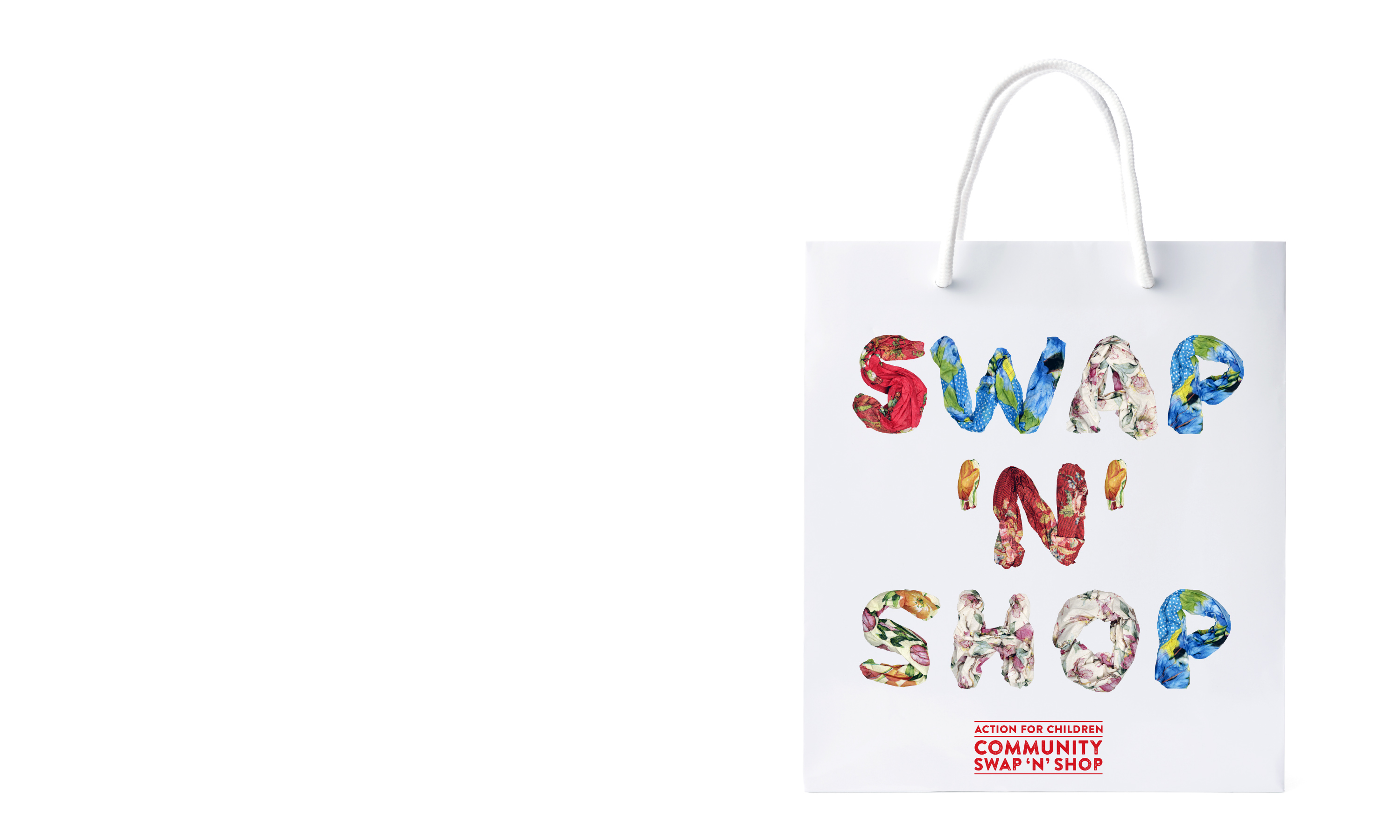 Brand campaign and advertising by Neon - Charity sector branding - Action for children - Swap and Shop - Swap and shop shopping bag designed by Dana Robertson