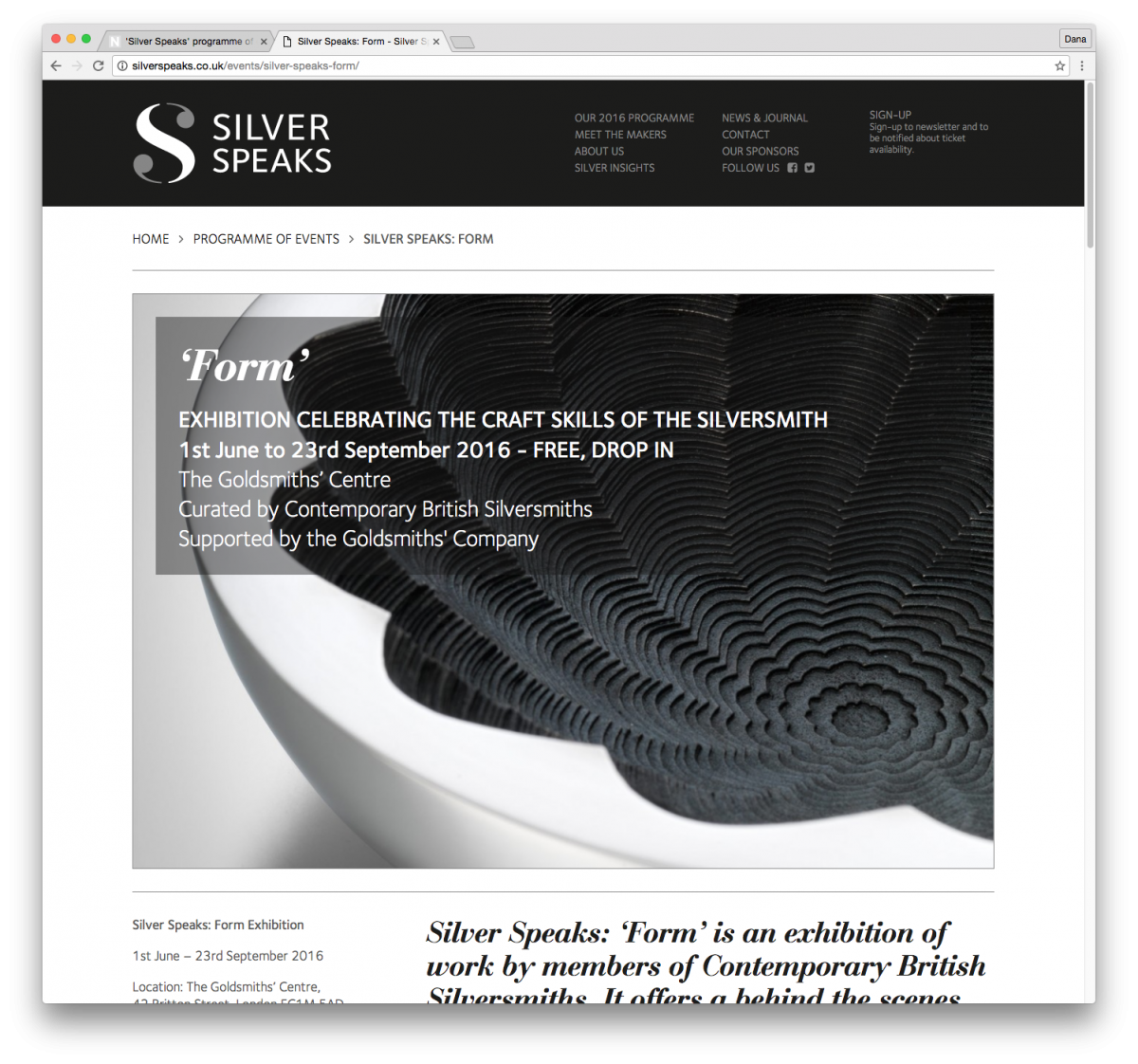 Branding and website by Neon - Silver Speaks exhibition - Website - ‘form’ event page designed by Dana Robertson