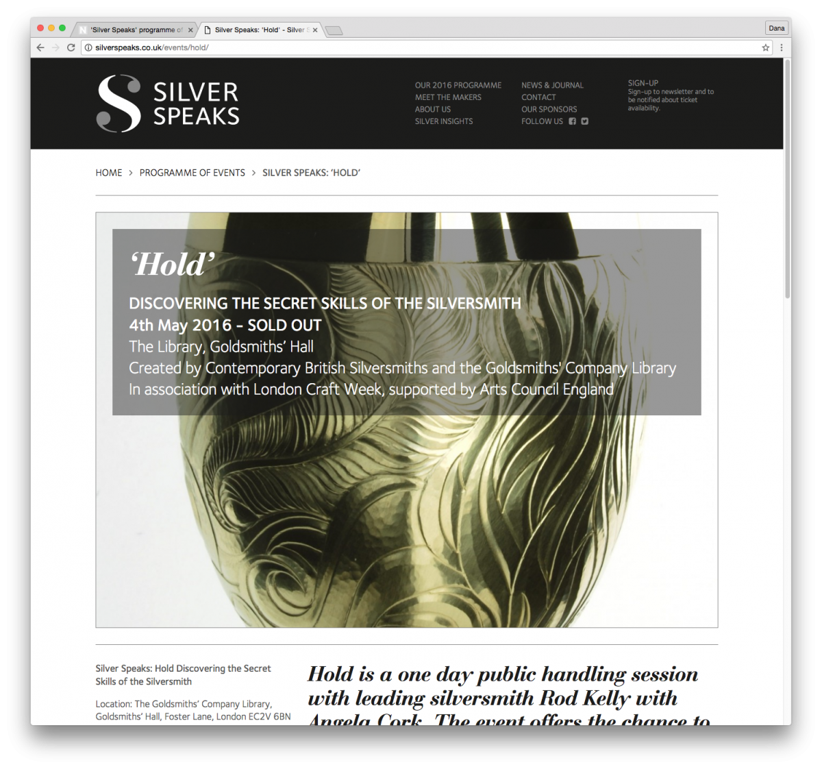 Branding and website by Neon - Silver Speaks exhibition - Website - ‘hold’ event page designed by Dana Robertson