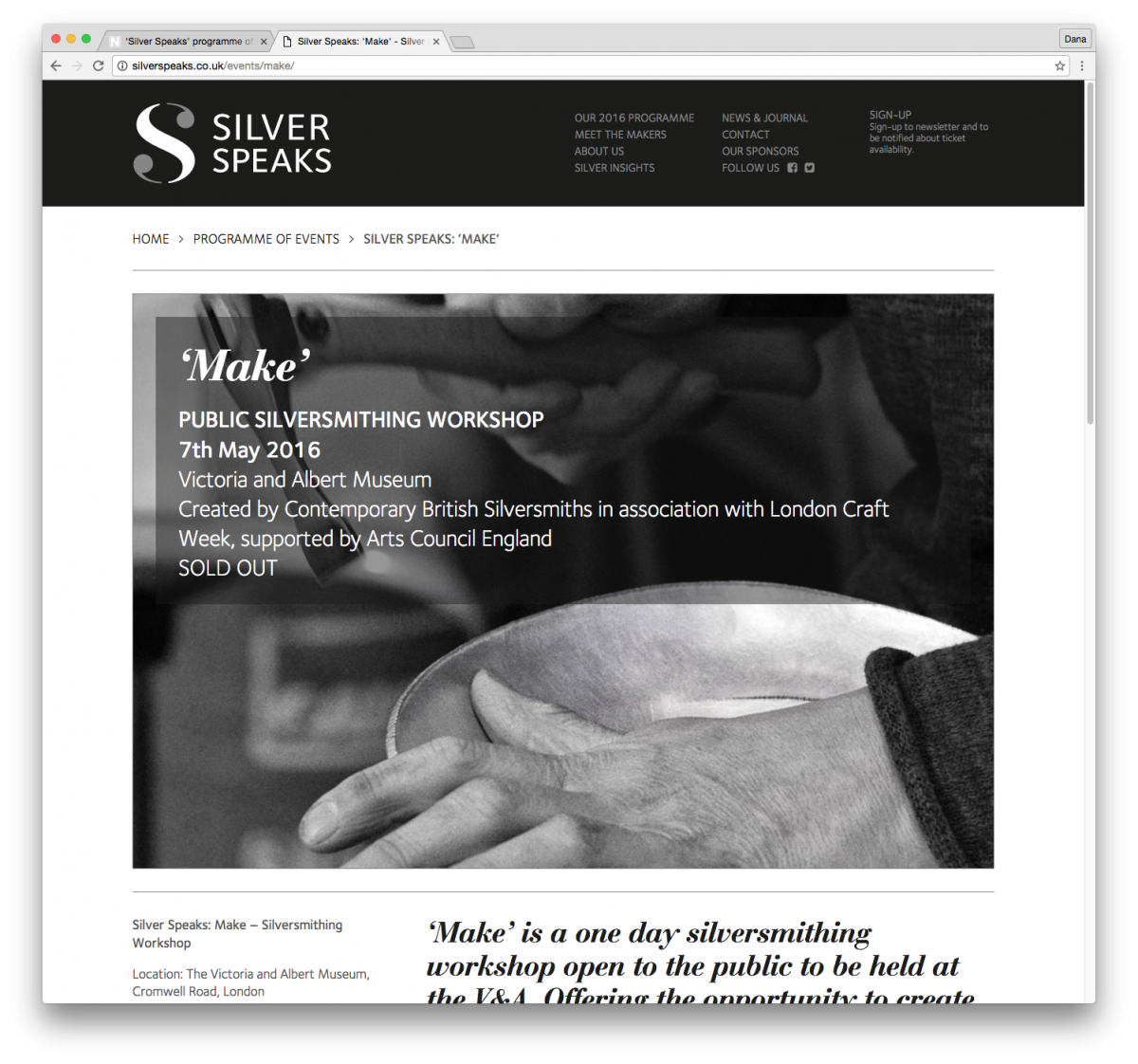 Branding and website by Neon - Silver Speaks exhibition - Website - ‘make’ event page designed by Dana Robertson