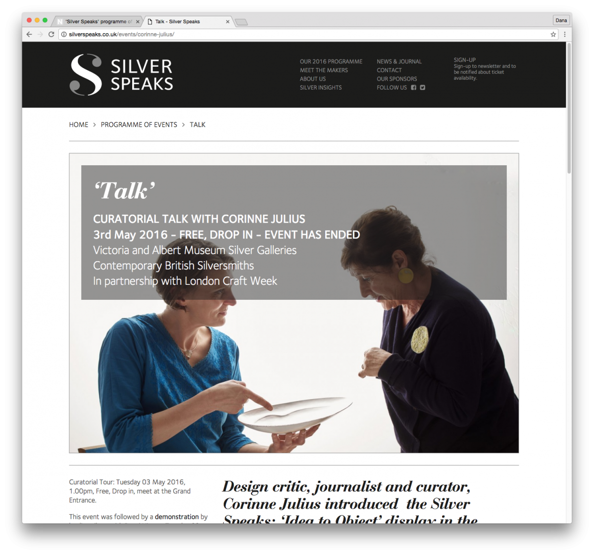 Branding and website by Neon - Silver Speaks exhibition - Website - ‘talk’ event page designed by Dana Robertson