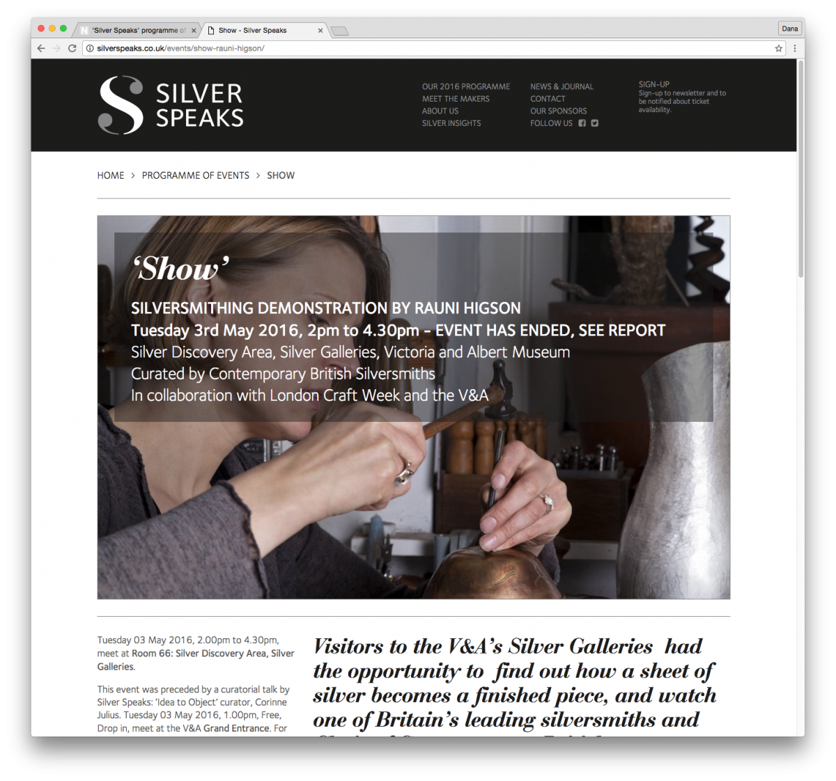Branding and website by Neon - Silver Speaks exhibition - Website - ‘show’ event page designed by Dana Robertson