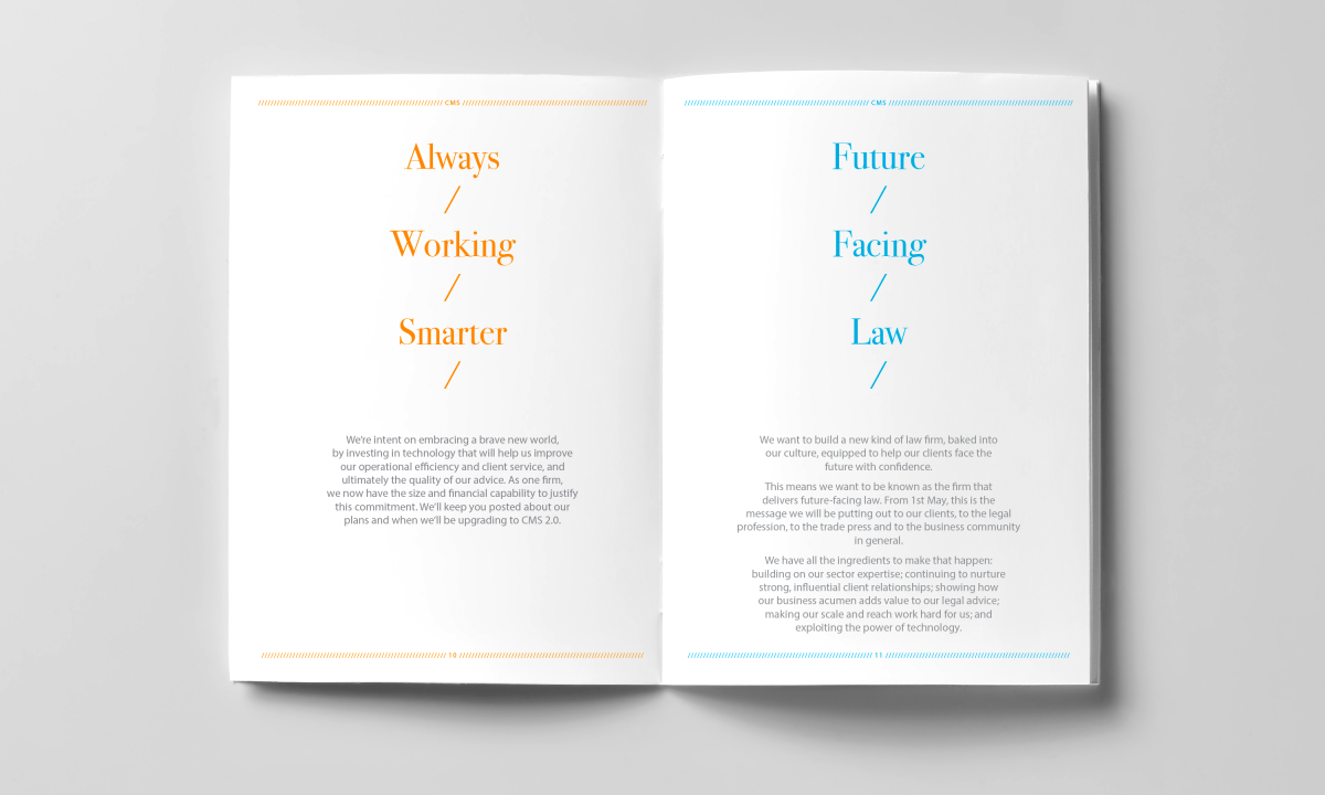 CMS London Law Firm merger A5 launch booklet for employees on launch day - introducing Future facing Law. Creative direction by Dana Robertson