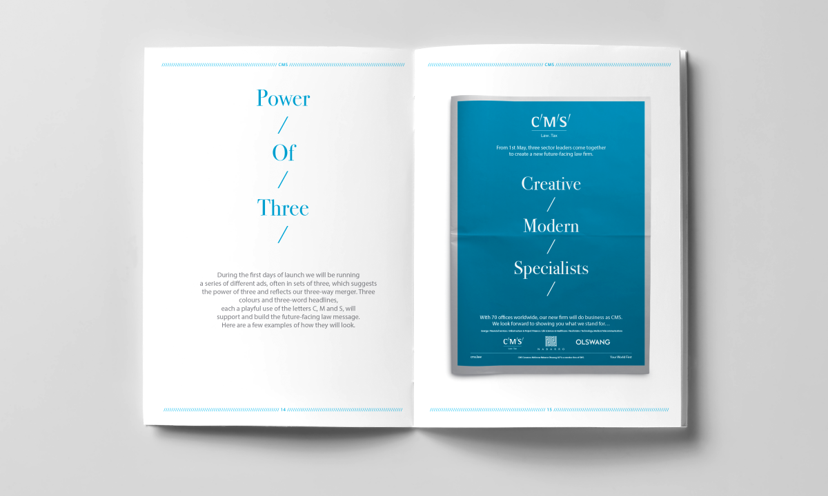 CMS London Law Firm merger A5 launch booklet for employees on launch day - sample spread. Creative Neon branding, led by Dana Robertson