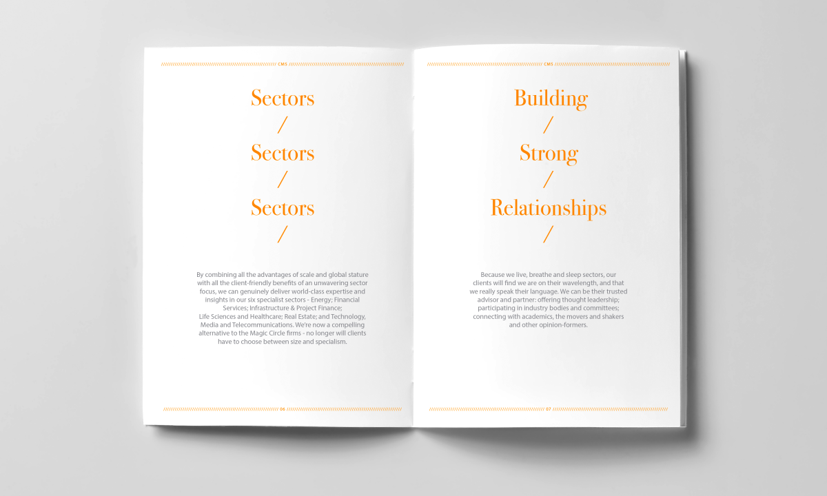 CMS London Law Firm merger A5 launch booklet for employees on launch day - highlighting CMS new sector focus, Creative by Neon branding agency