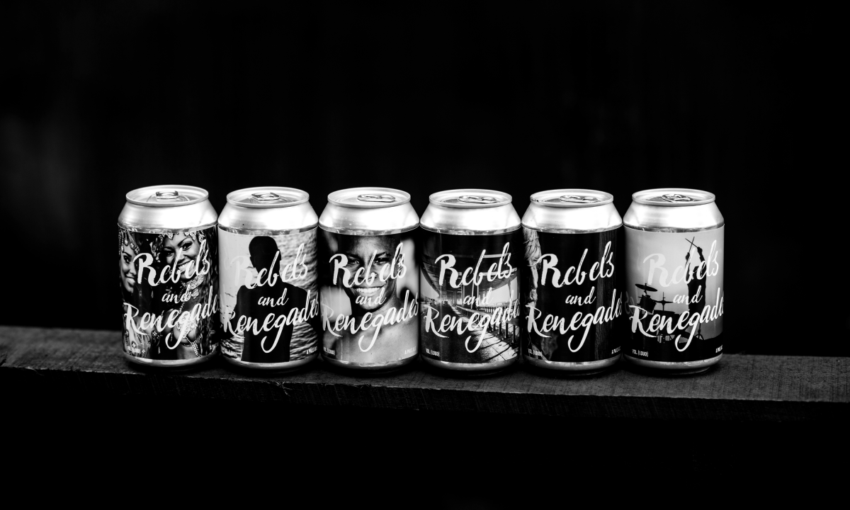 Branding by Neon - Rebels & Renegades self promotion beer cans six pack line up for photographer Neil Stewart designed by Dana Robertson