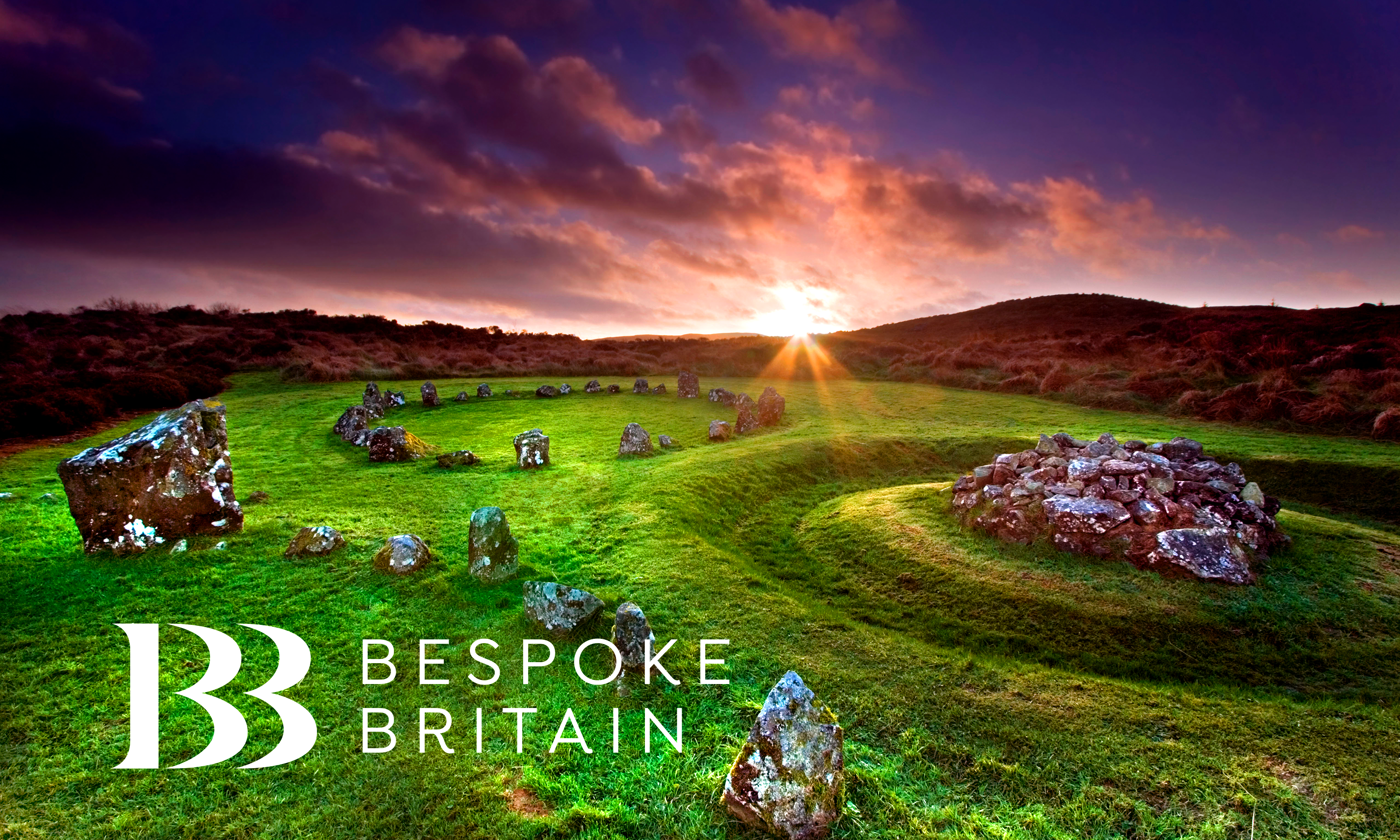 Bespoke Britain tours logo design by Neon over an image of stone circles at dawn