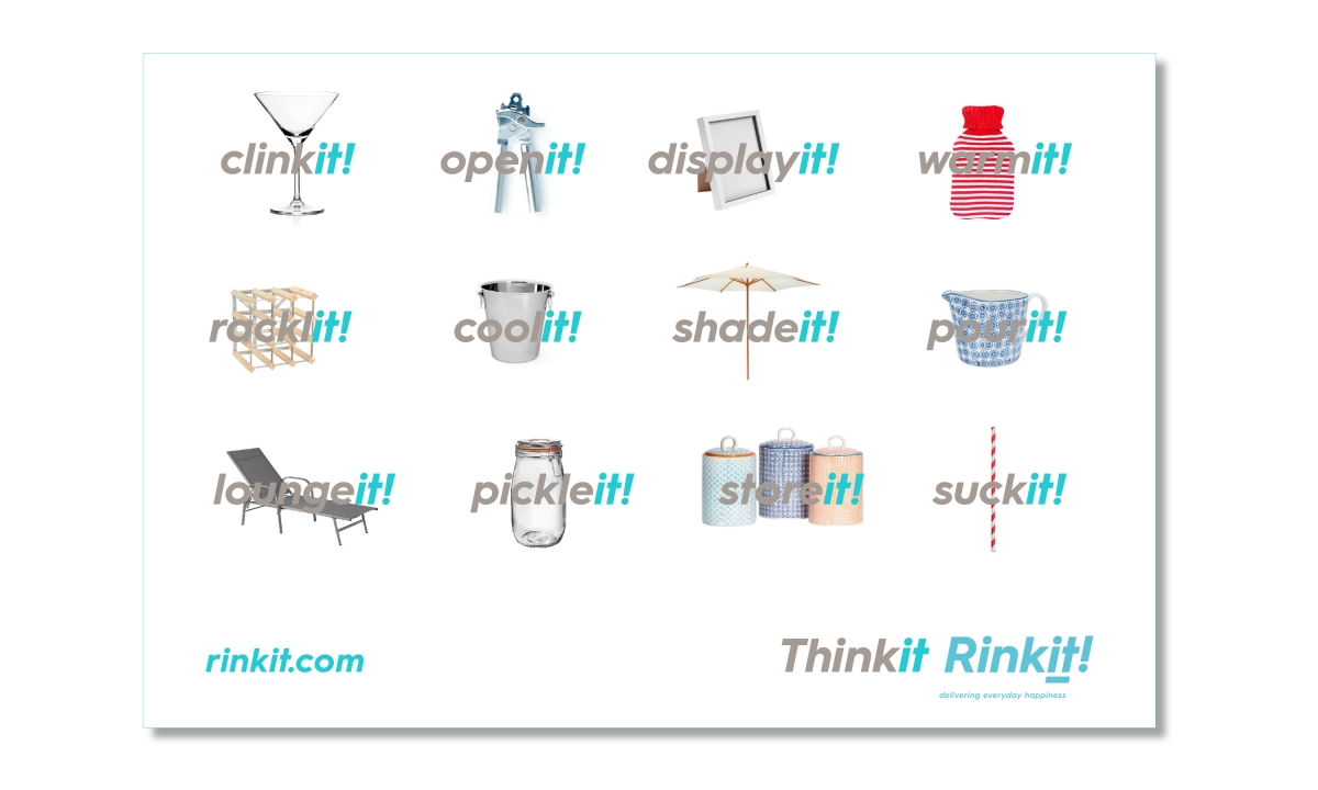Rinkit advertising featuring products on a white background and Rinkit 'it' messages