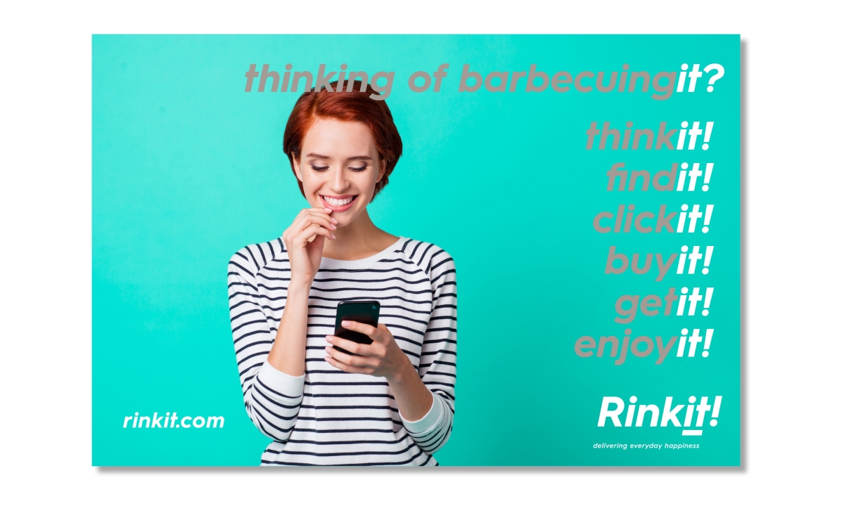 Rinkit advertising featuring a woman on an aqua background and Rinkit 'it' messages