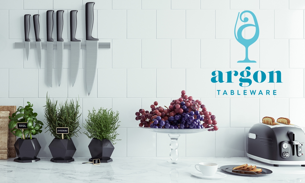 A marble kitchen with white tiles and knife rack featuring an Argon Tableware logo