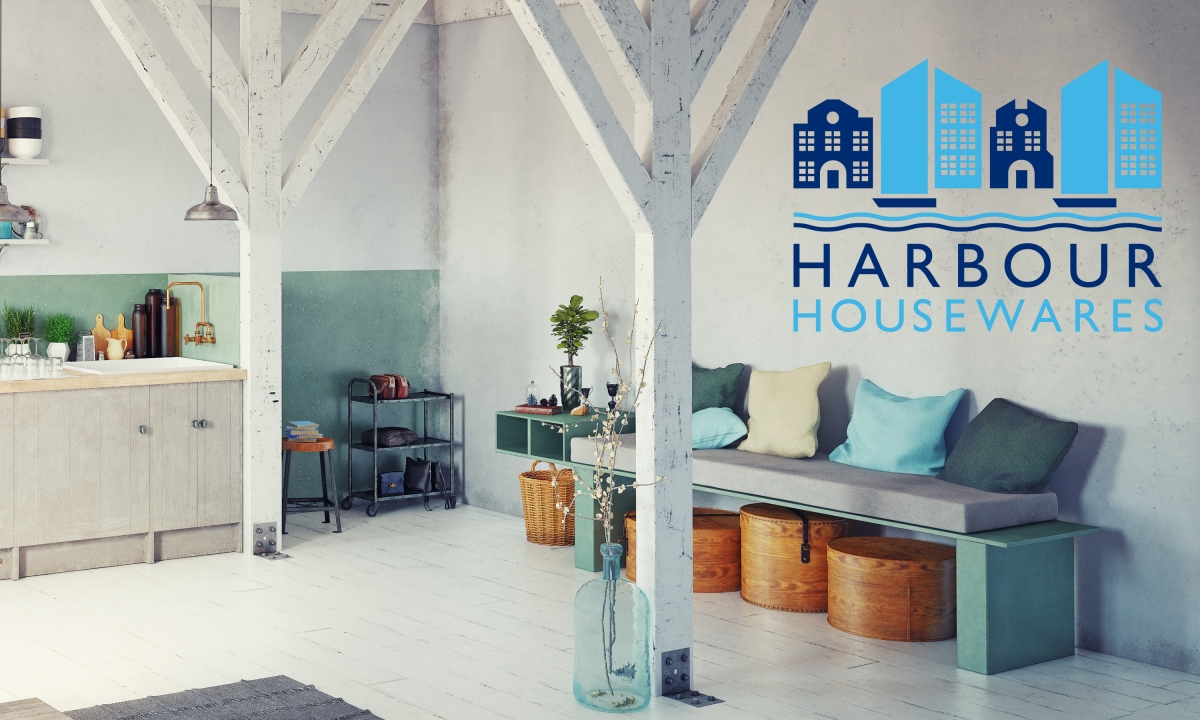 A harbour loft style apartment featring a Harbour Housewares logo