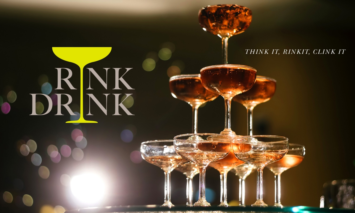 A stack of champagne glasses with Rink Drink brand mark