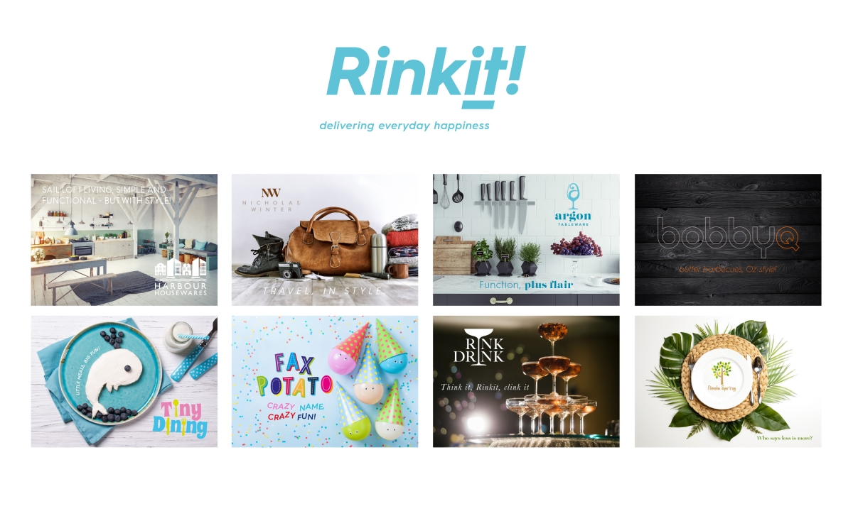 Rinkit brand mark with images of Rinkit sub brands below and sub brand logos